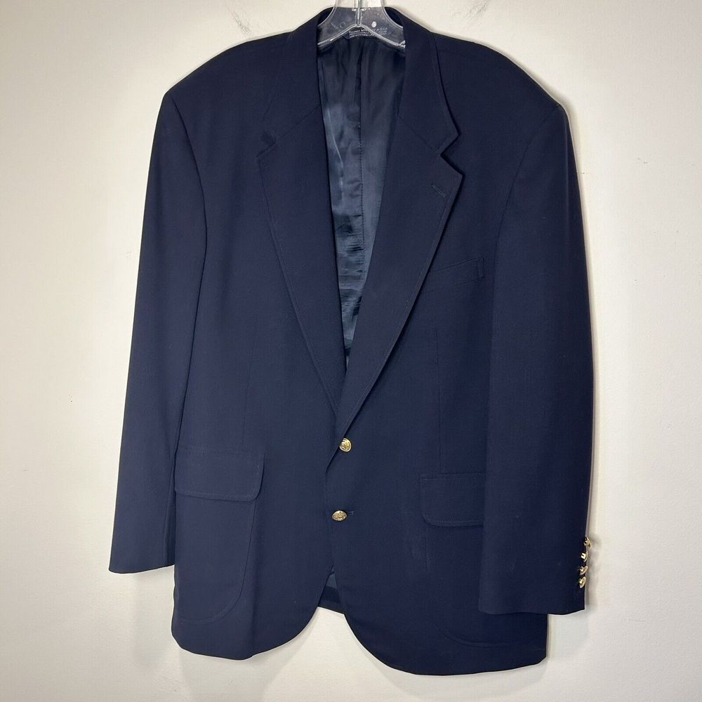 Lands End Men's Wool Navy Blue Jacket Blazer Gold Crest Anchor Buttons Size 44R
